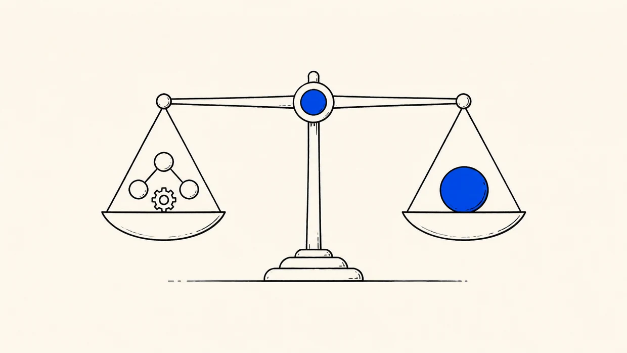 Hand-drawn balance comparing an AI agent system with business value