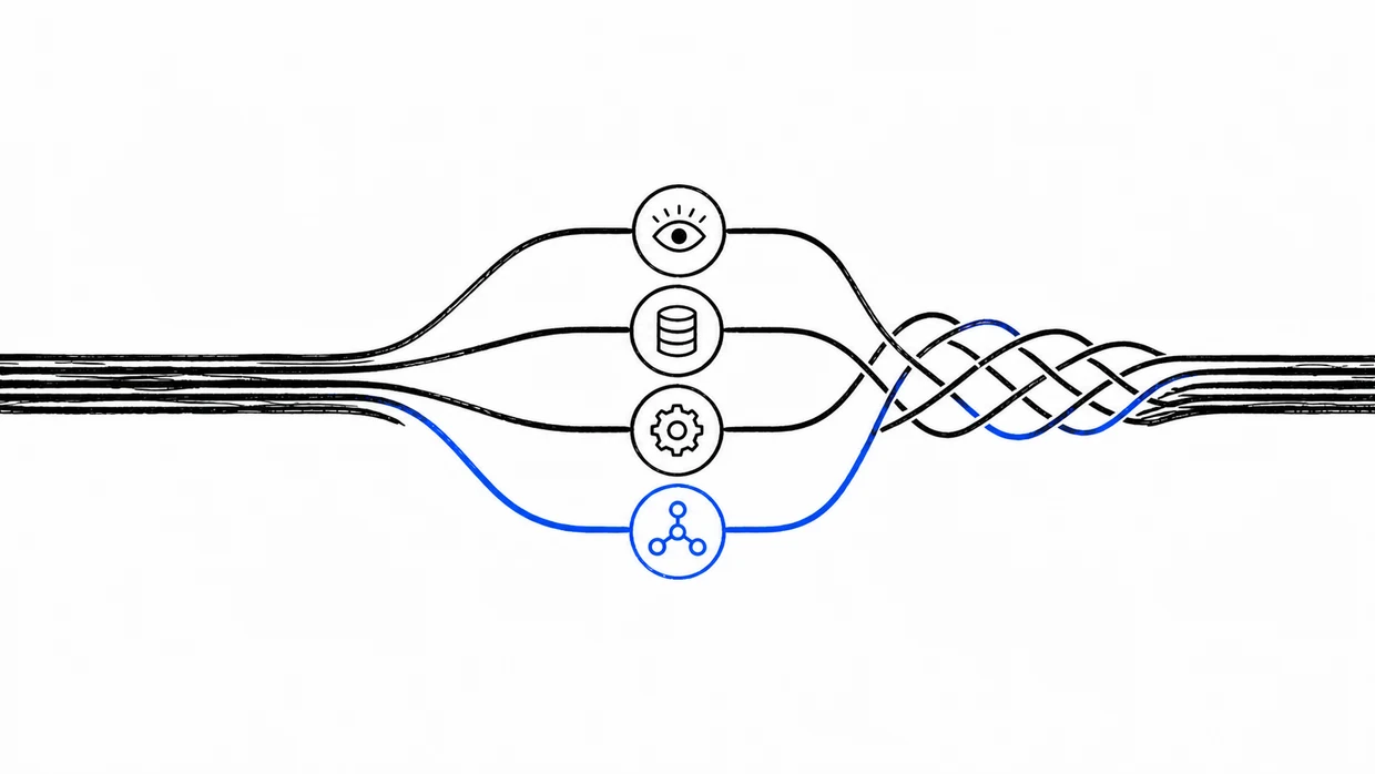 Hand-drawn workstream separating into components and recombining around an AI agent